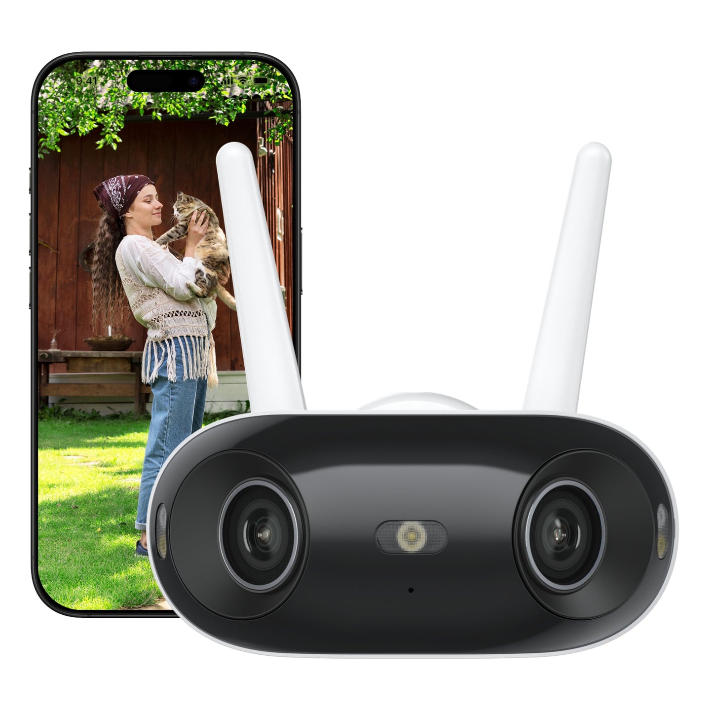 Reolink Elite WiFi 4K 180° overvågningskamera, sort, to linser, to hvide antenner, AI-detektering, vises på mobilens forside.