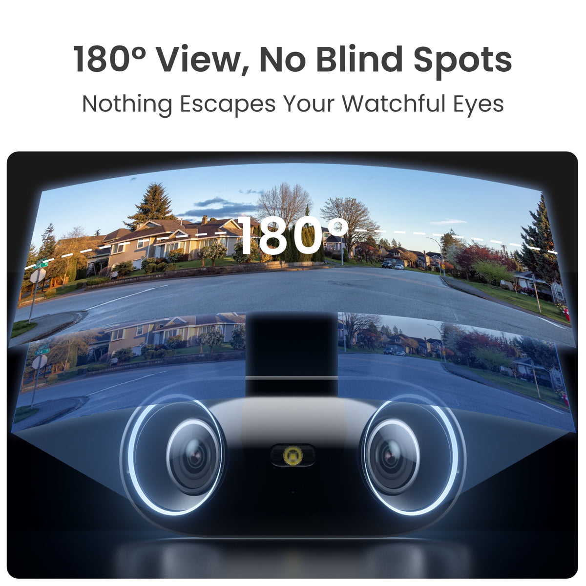 REOLINK Elite WiFi 4K 180° overvågningskamera med to linser, bredt panorama, tekst: 180° synsfelt uden blinde vinkler.