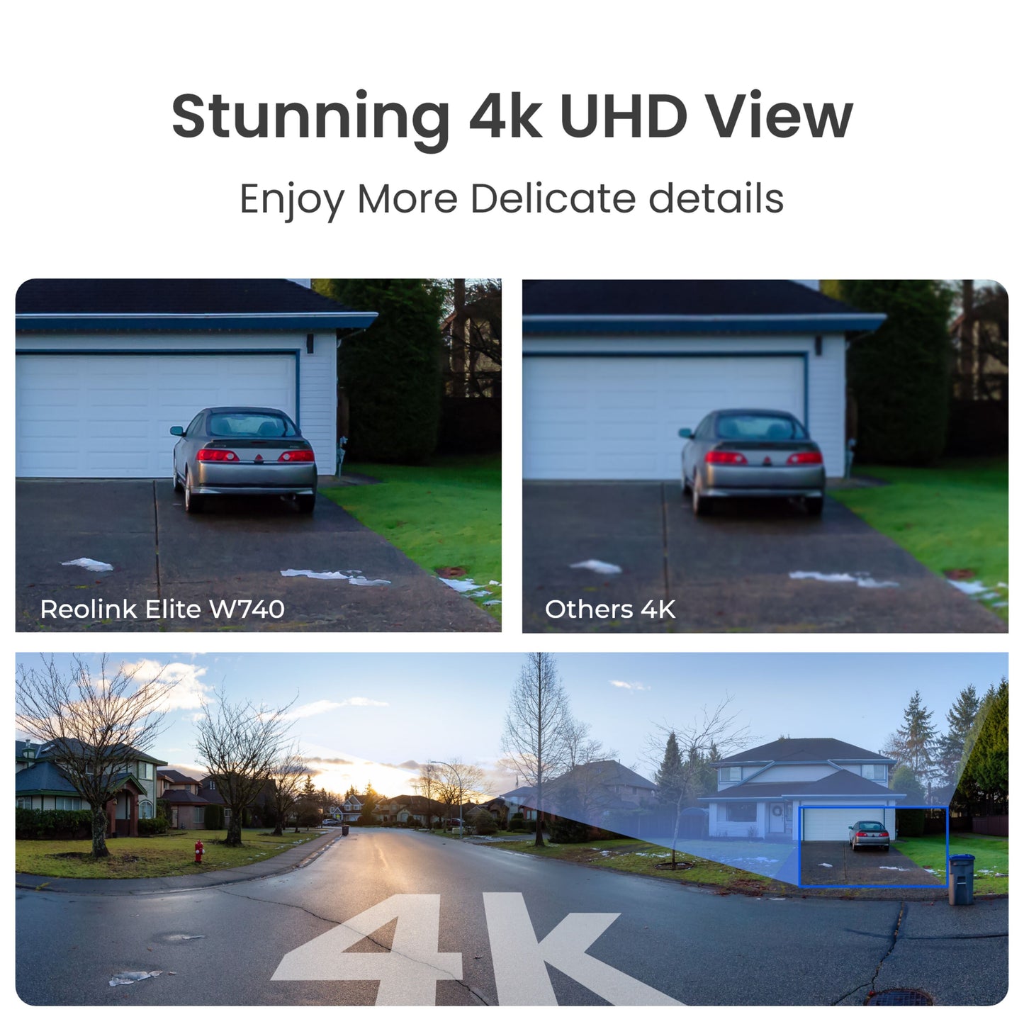 REOLINK Elite WiFi 4K 180° overvågningskamera sammenlignet med andre 4K-kameraer viser skarpere 4K-optagelser med AI-detektering.