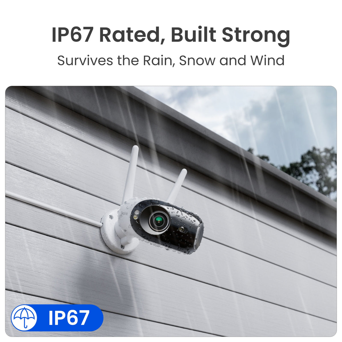Reolink Elite WiFi 4K 180° overvågningskamera monteret udendørs, med IP67-ikon og teksten »IP67-klassificeret« synlig.