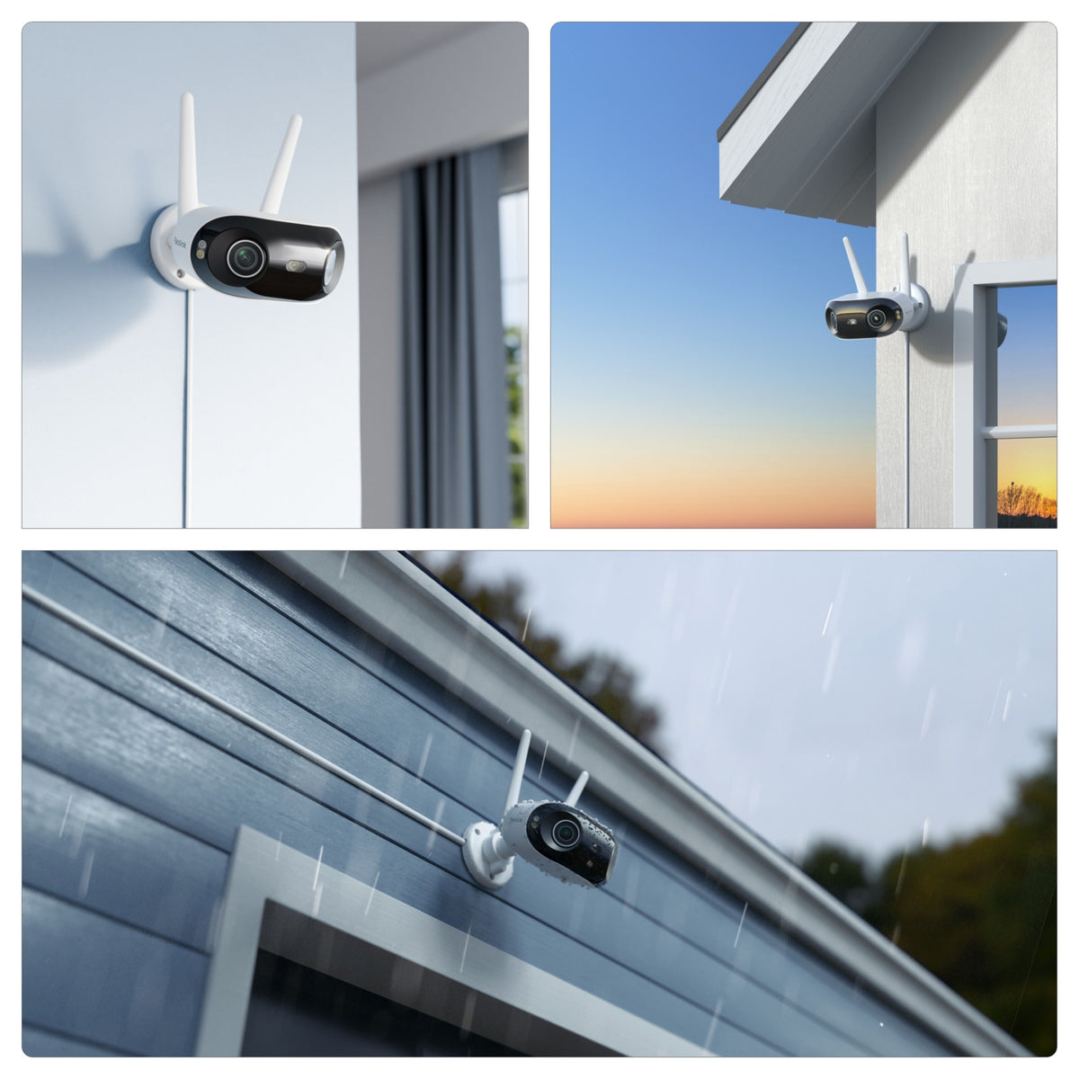 Reolink Elite WiFi 4K 180° overvågningskamera med AI-detektering, monteret inde ved vinduet og ude i regn og ved solnedgang.