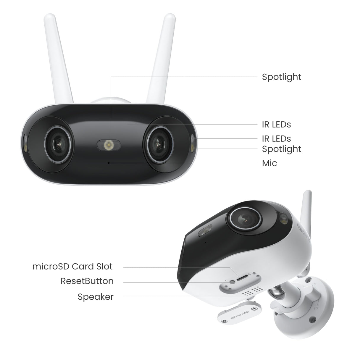 REOLINK Reolink Elite WiFi 4K 180° sort/hvid overvågningskamera med spotlight, IR-LED, mikrofon, microSD-kortlæser, reset-knap og højttaler.