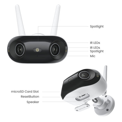 REOLINK Reolink Elite WiFi 4K 180° sort/hvid overvågningskamera med spotlight, IR-LED, mikrofon, microSD-kortlæser, reset-knap og højttaler.