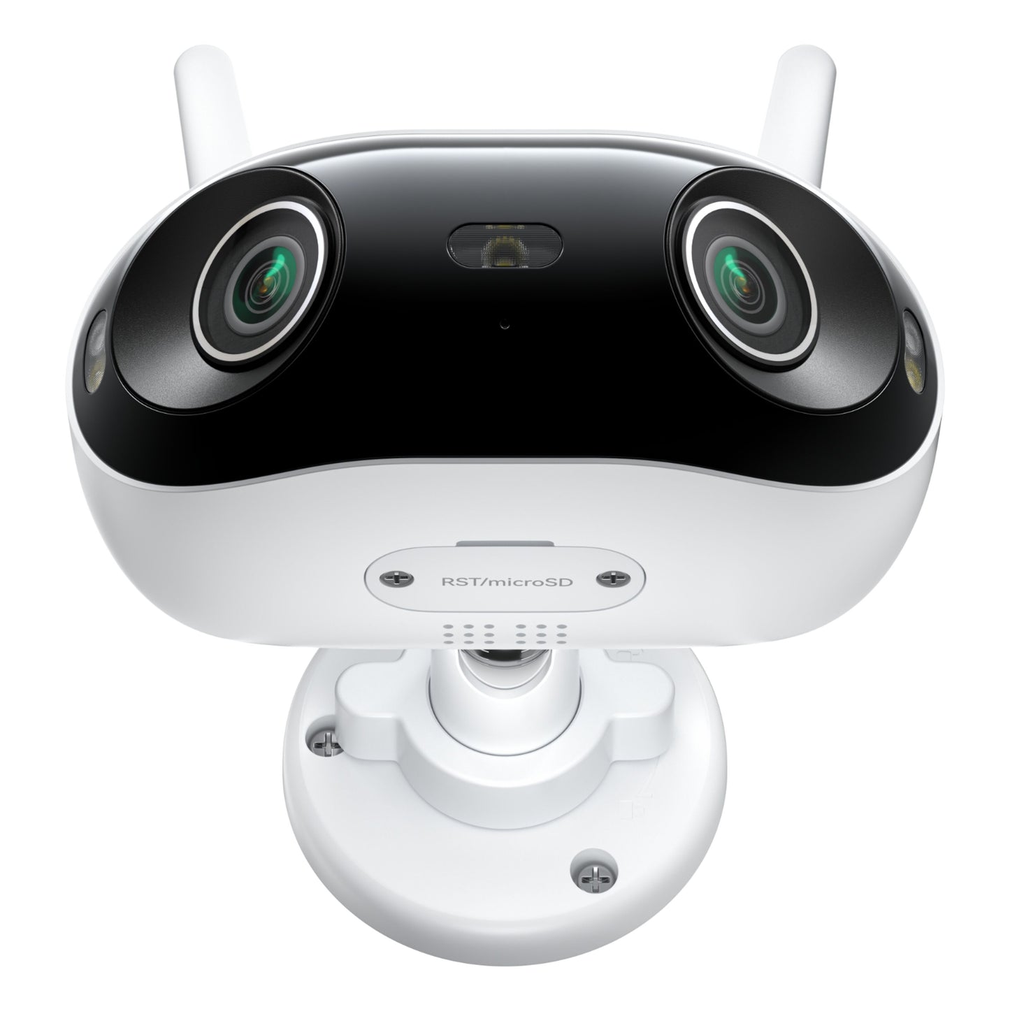Reolink Elite WiFi 4K 180° overvågningskamera, hvid, sort front, to store linser, midterlinse, to antenner, monteringsfod.
