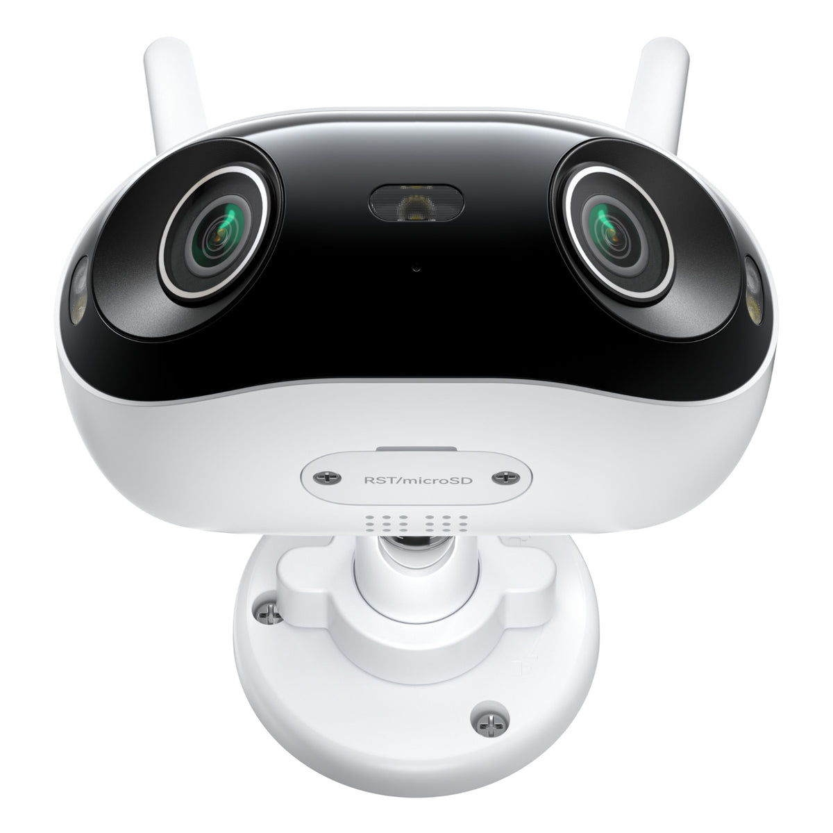 Reolink Elite WiFi 4K 180° overvågningskamera, hvid, sort front, to store linser, midterlinse, to antenner, monteringsfod.