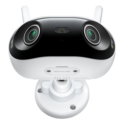 Reolink Elite WiFi 4K 180° overvågningskamera, hvid, sort front, to store linser, midterlinse, to antenner, monteringsfod.