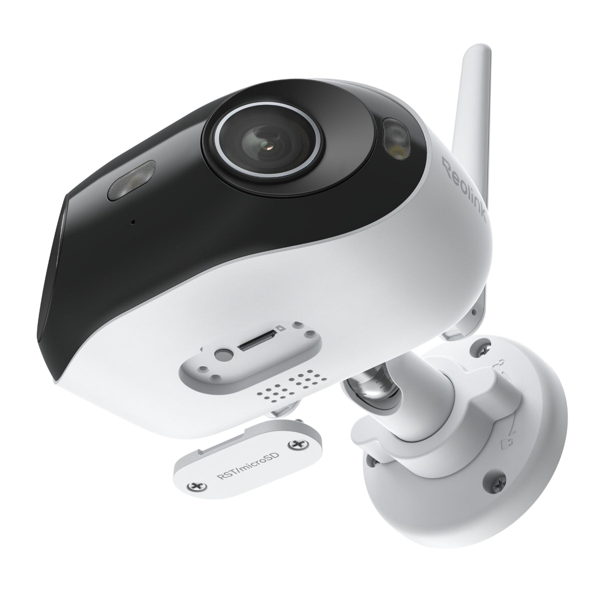 REOLINK Elite WiFi 4K 180° overvågningskamera, hvid/sort, med antenne, linse, højttaler, microSD-kortplads og synlige monteringsskruer.