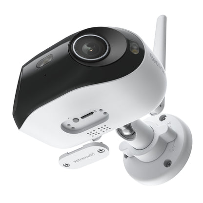 REOLINK Elite WiFi 4K 180° overvågningskamera, hvid/sort, med antenne, linse, højttaler, microSD-kortplads og synlige monteringsskruer.