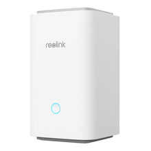 REOLINK Home Hub trådløs sikkerhedscentral, hvid, rektangulær med afrundede kanter, blå oplyst knap og REOLINK-logo.