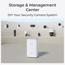 REOLINK Home Hub – trådløs sikkerhedscentral med Reolink-logo foran otte overvågningskameraer, tekst: Storage  Management Center.