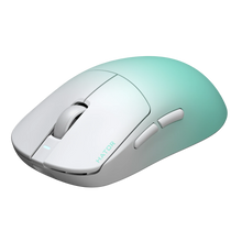 Hator Quasar 3 Ultima 8K trådløs gamingmus, hvid/mint, to sideknapper, rullehjul, HATOR-logo, PixArt PAW 3950-sensor, 8000 Hz.