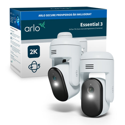 ARLO Essential 3 2K PTZ trådløse overvågningskameraer, hvide med sort front, 2-pak, ARLO-logo og blå/hvid æske.