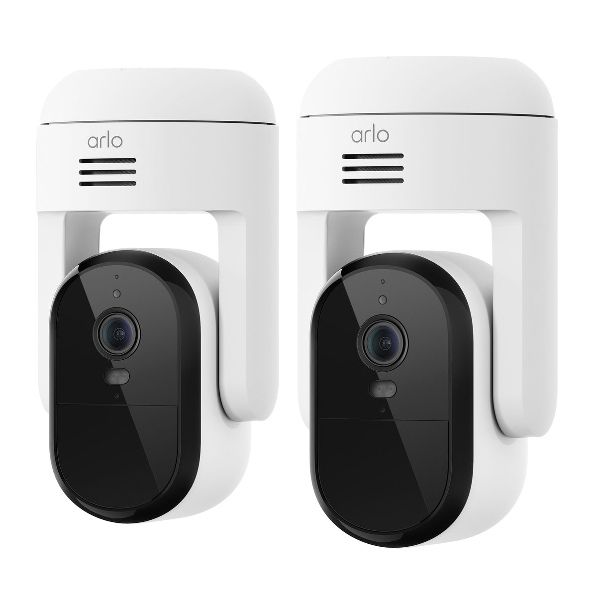 ARLO Essential 3 2K PTZ trådløse overvågningskameraer, hvide med sort front, monteret side om side, 360° panorering.