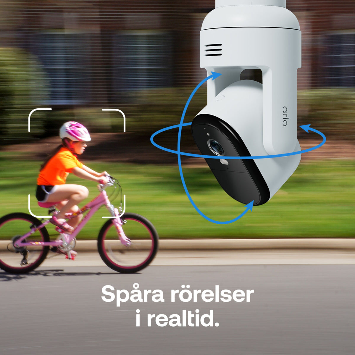 Arlo Essential 3 2K PTZ trådløst overvågningskamera, 2-pak, visning af overvågningsbilleder, blå pile til 360°-panorering.