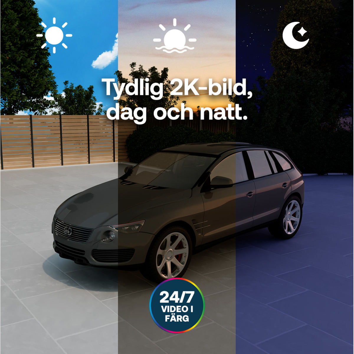 ARLO Essential 3 2K PTZ trådløst overvågningskamera (2-pak) vises med mærkerne »Klar 2K-billedkvalitet, dag og nat« og »24/7 farvevideo«.