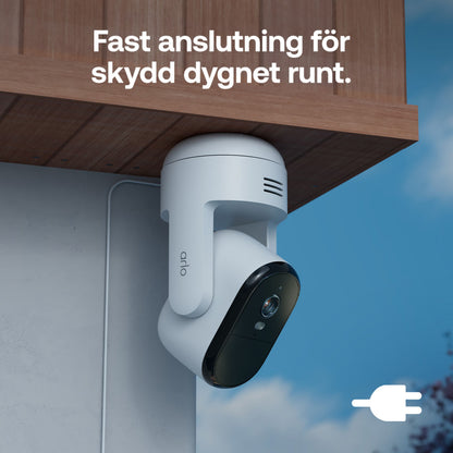 ARLO Essential 3 2K PTZ hvidt trådløst overvågningskamera, monteret under tag, 360° panorering, svensk tekst: »Fast forbindelse...«.
