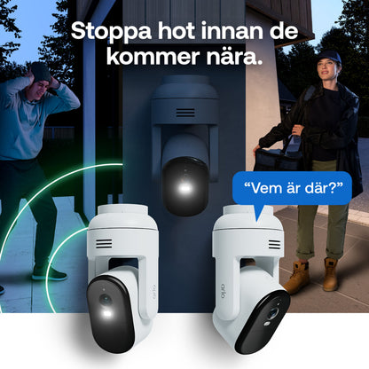 Arlo Essential 3 2K PTZ trådløst overvågningskamera, 2-pak, nattovervågning, svensk tekst: »Stop trusler, før de kommer tæt på«.