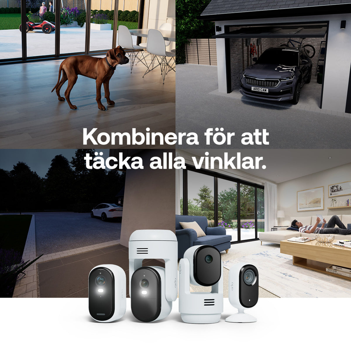 ARLO Essential 3 2K PTZ trådløst overvågningskamera, 2-pak, til brug indendørs, i garagen, udendørs om natten, i stuen, med 360° panorering.