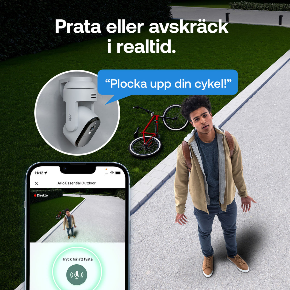 ARLO Essential 3 2K PTZ trådløst overvågningskamera (2-pak) vises på telefonen med livevideo og besked: Hent din cykel.