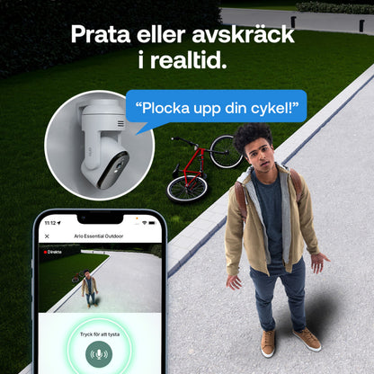 ARLO Essential 3 2K PTZ trådløst overvågningskamera (2-pak) vises på telefonen med livevideo og besked: Hent din cykel.