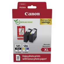 Canon PG-585XL/CL-586XL blækpatroner og fotopapir i værdipakke til PIXMA TS7650i, XL sort/farve, rød/hvid æske.