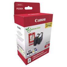 Canon PG-585XL/CL-586XL blækpatroner og fotopapir i rød æske, sort og farvet blæk, 100  genanvendelig emballage.