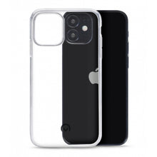 Mobilize Gelly-etui til iPhone 12 mini, gennemsigtigt, ved siden af en sort iPhone med Apple-logo, MagSafe-kompatibelt.