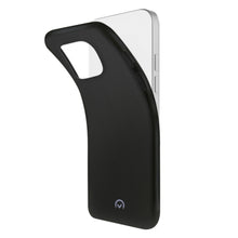 Mobilize Rubber Gelly-etui til iPhone 14 Pro Max, sort TPU, kameraudskæring, diskret logo i bunden, delvist afmonteret.