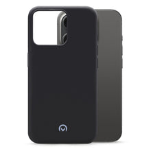 Mobilize Rubber Gelly-etui til iPhone 15 Pro, sort, stødabsorberende TPU, mat finish, rundt logo nederst, MagSafe-kompatibelt.