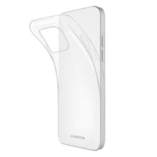 MOBILIZE Gelly-etui til iPhone 16 Plus – klart, gennemsigtigt og fleksibelt, dækker delvist telefonen og fremstår buet ved kameraet og knapperne.