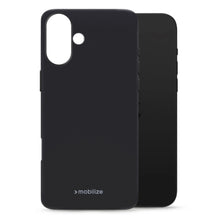 MOBILIZE Rubber Gelly Cover til iPhone 16 Plus, sort, TPU, kameraudskæring, MOBILIZE-logo i bunden, MagSafe-kompatibel.