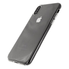 Mobilize Gelly-etui til iPhone X/Xs i gennemsigtig TPU, synligt Apple-logo på sølvfarvet iPhone, MagSafe-kompatibelt.