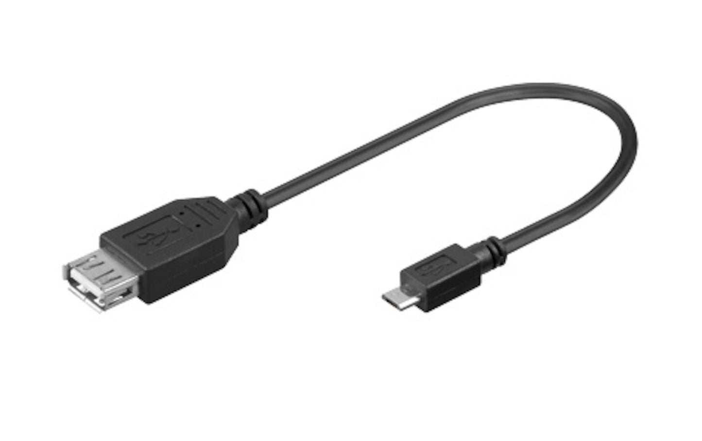 Luxorparts OTG-adapter med kabel 0,2 m sort, USB-A hun til Micro-USB han, produkt set på hvid baggrund.