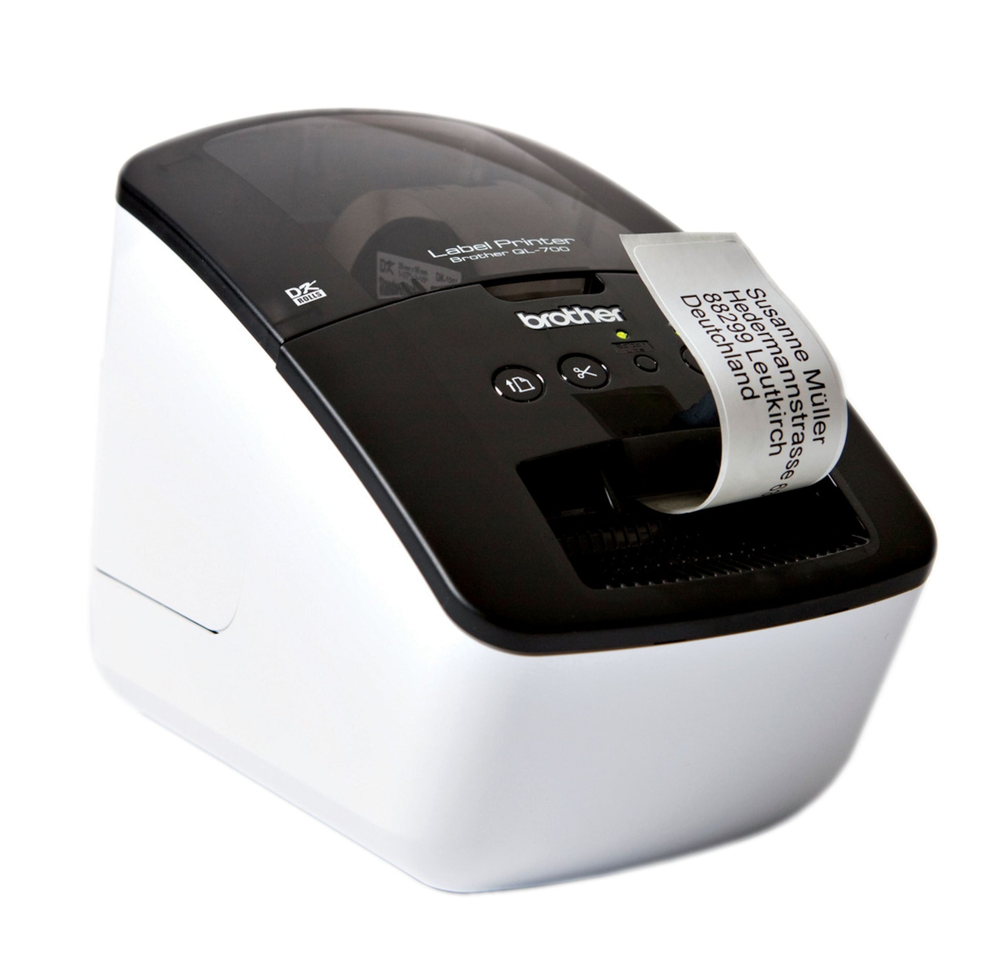 Brother QL-700 etiketprinter sort-hvid udskrivning, tysk tekst, frontknapper og indikatorlys, til adresseetiketter.