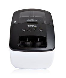 Brother QL-700 etiketprinter sort/hvid, termisk, topknapper, centreret papirsprække, Brother-logo på fronten.
