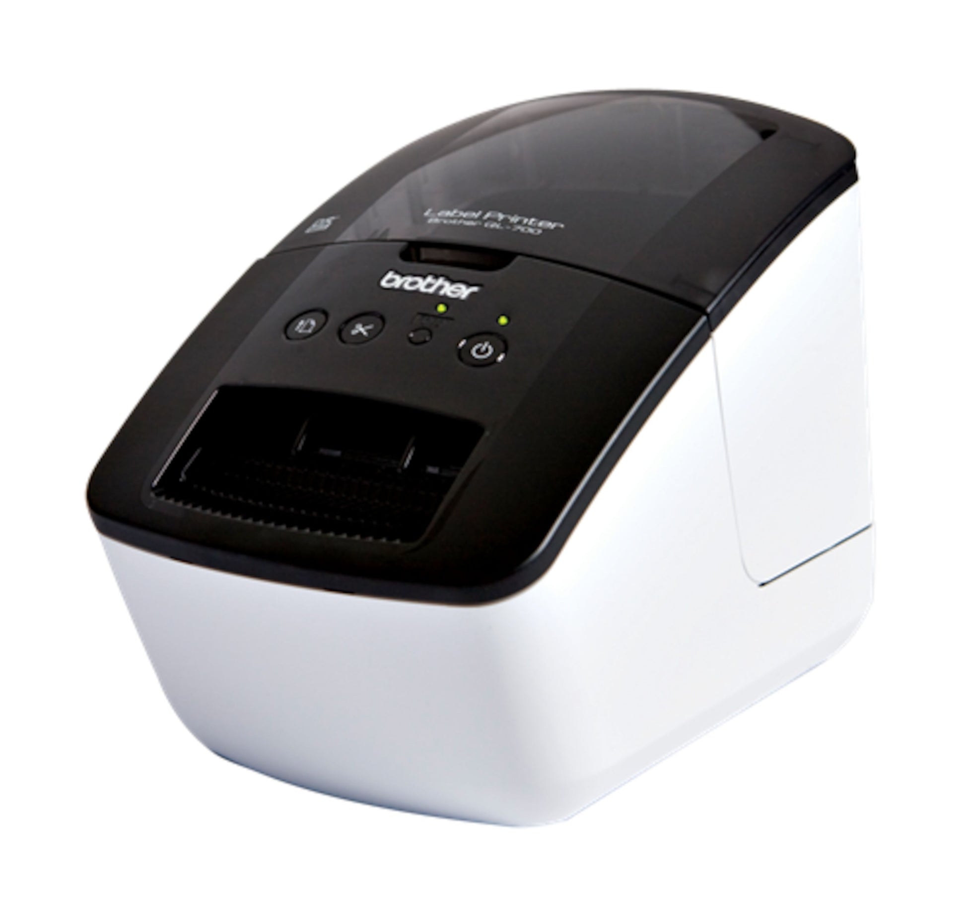 Brother QL-700 sort/hvid termisk etiketprinter med kontrolknapper og lille display på toppen.