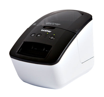 Brother QL-700 sort/hvid termisk etiketprinter med kontrolknapper og lille display på toppen.