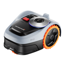 Segway Navimow i208E AWD robotplæneklipper i grå og sort med orange hjul, rød stopknap og central drejeknap.