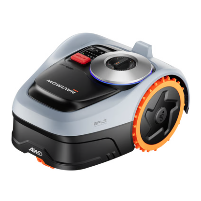 Segway Navimow i208E AWD robotplæneklipper i grå og sort med orange hjul, rød stopknap og central drejeknap.