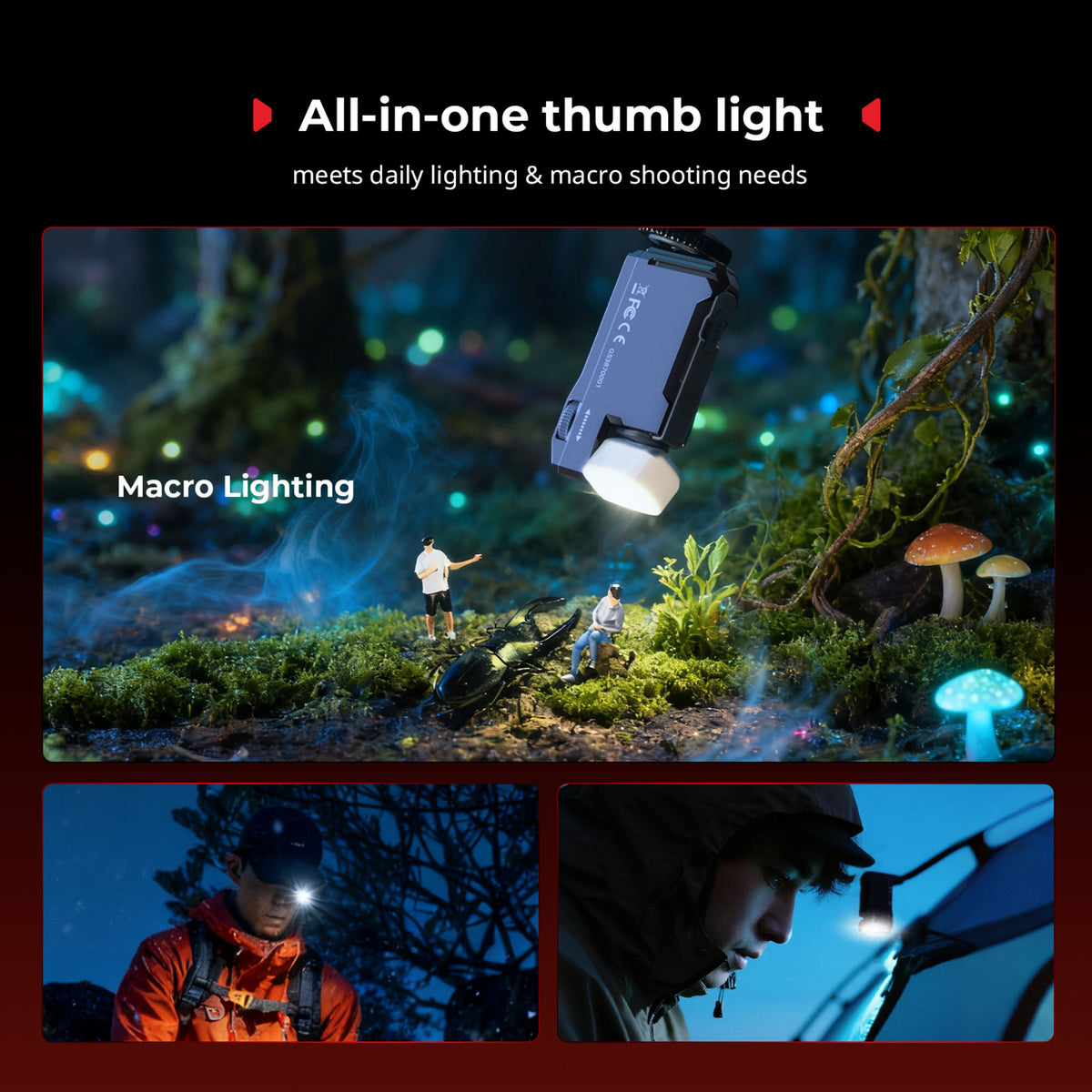 SmallRig Thumb EDC 5710 RGB og hvid LED-lampe, der bruges til belysning af miniaturemiljøer, som pandelampe og til teltinteriør.