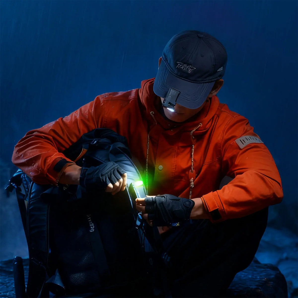 SmallRig Thumb EDC 5710 minilampe, hvidt lys og RGB, 400 lumen, USB-C, monteret på en kasket, person med grønt lys og rygsæk.