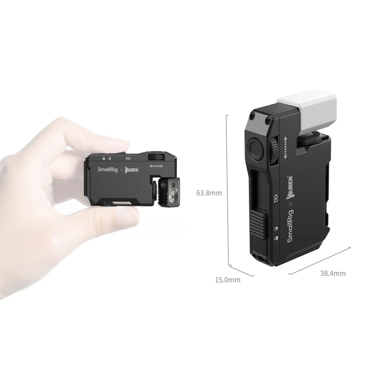 Håndholder til sort SmallRig Thumb EDC 5710 minilampe, 400 lumen, RGB, USB-C, ved siden af et teknisk diagram med mål.