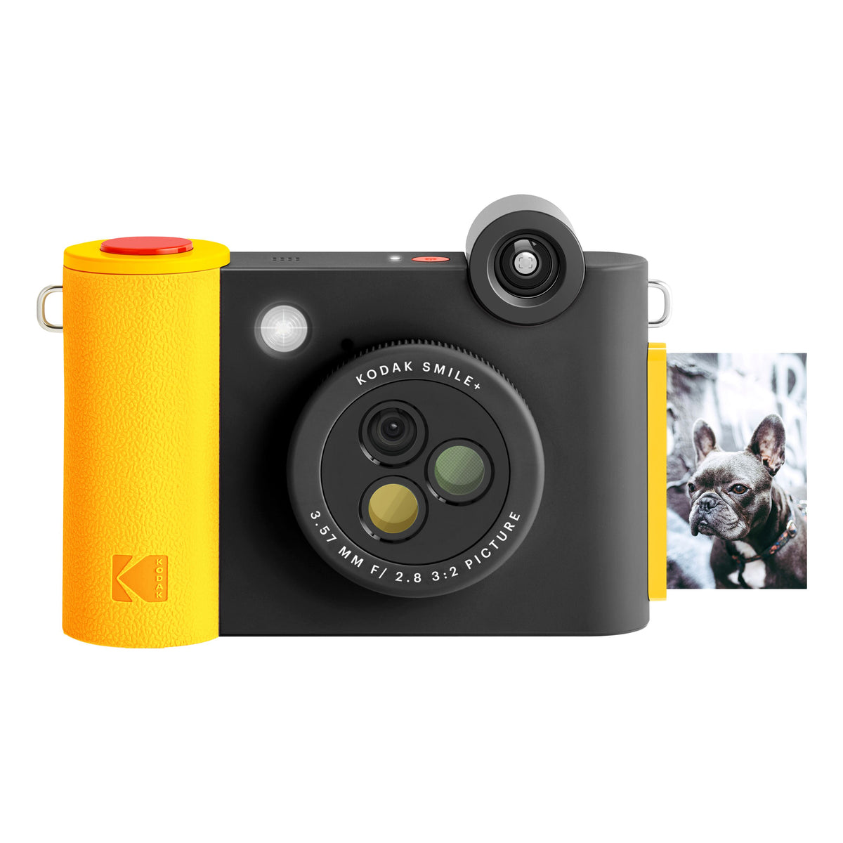 Kodak Smile+ digitalkamera i sort og gul med linse, blitz, udløserknap, ZINK-udskrivning og Bluetooth med et billede af en hund.