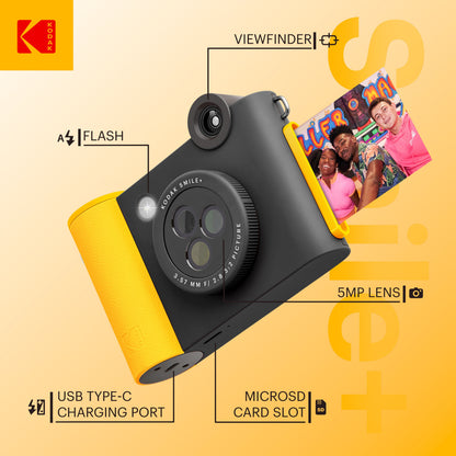 Kodak Smile+ digitalkamera i sort/gul med ZINK-udskrivning, Bluetooth, objektiv, blitz, USB-C, microSD og fotoudskrivning.