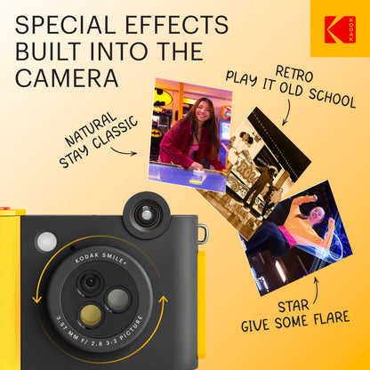 Kodak Smile+ digitalkamera i sort og gul med ZINK-udskrivning, Bluetooth og drejelig objektivring med filtereffekter.