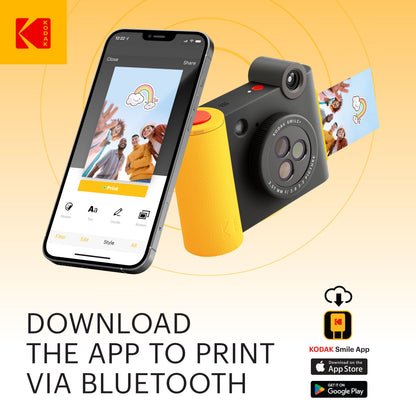 Kodak Smile+ digitalkamera i sort og gul med ZINK-printer og Bluetooth ved siden af en smartphone med en redigeringsapp.