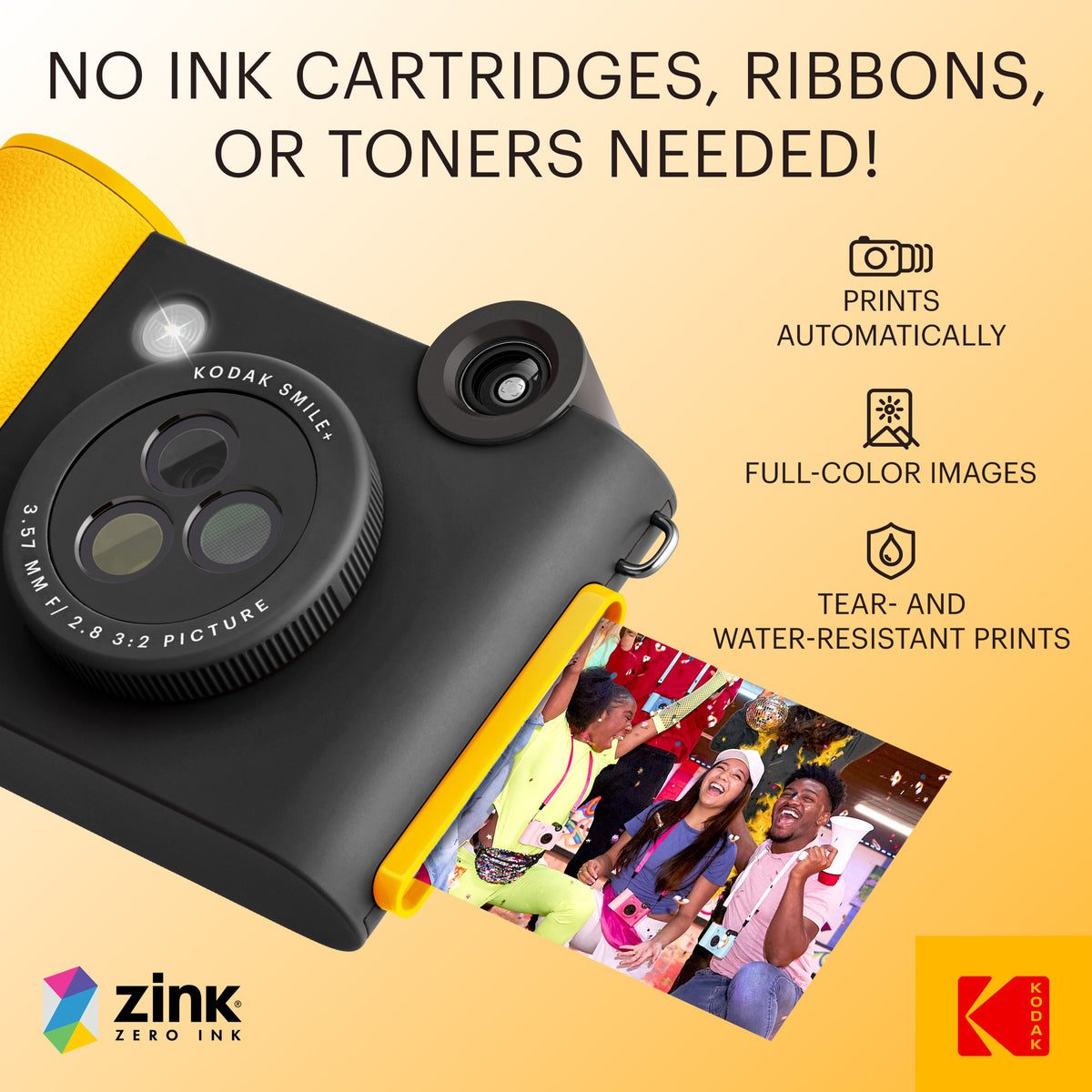 Kodak Smile+ digitalkamera i gul og sort, der udskriver fotos med ZINK-teknologi via Bluetooth.