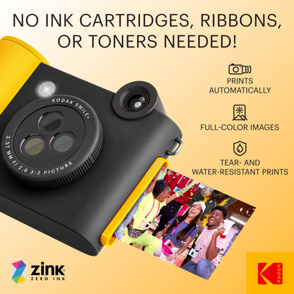 Kodak Smile+ digitalkamera i gul og sort, der udskriver fotos med ZINK-teknologi via Bluetooth.