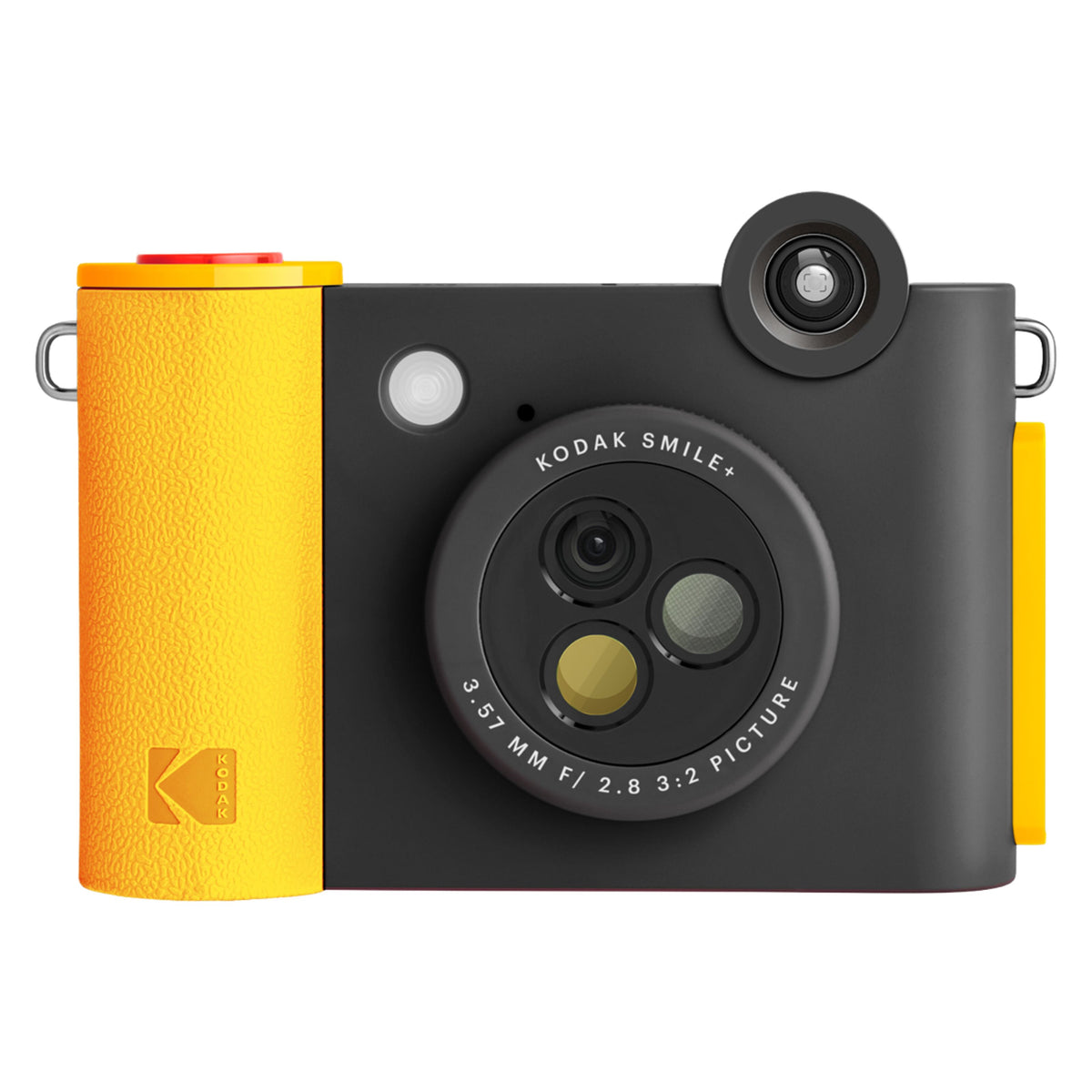 Kodak Smile+ digitalkamera i mat sort og gul med ZINK-printer, tre objektiver, Bluetooth og udløserknap på toppen.