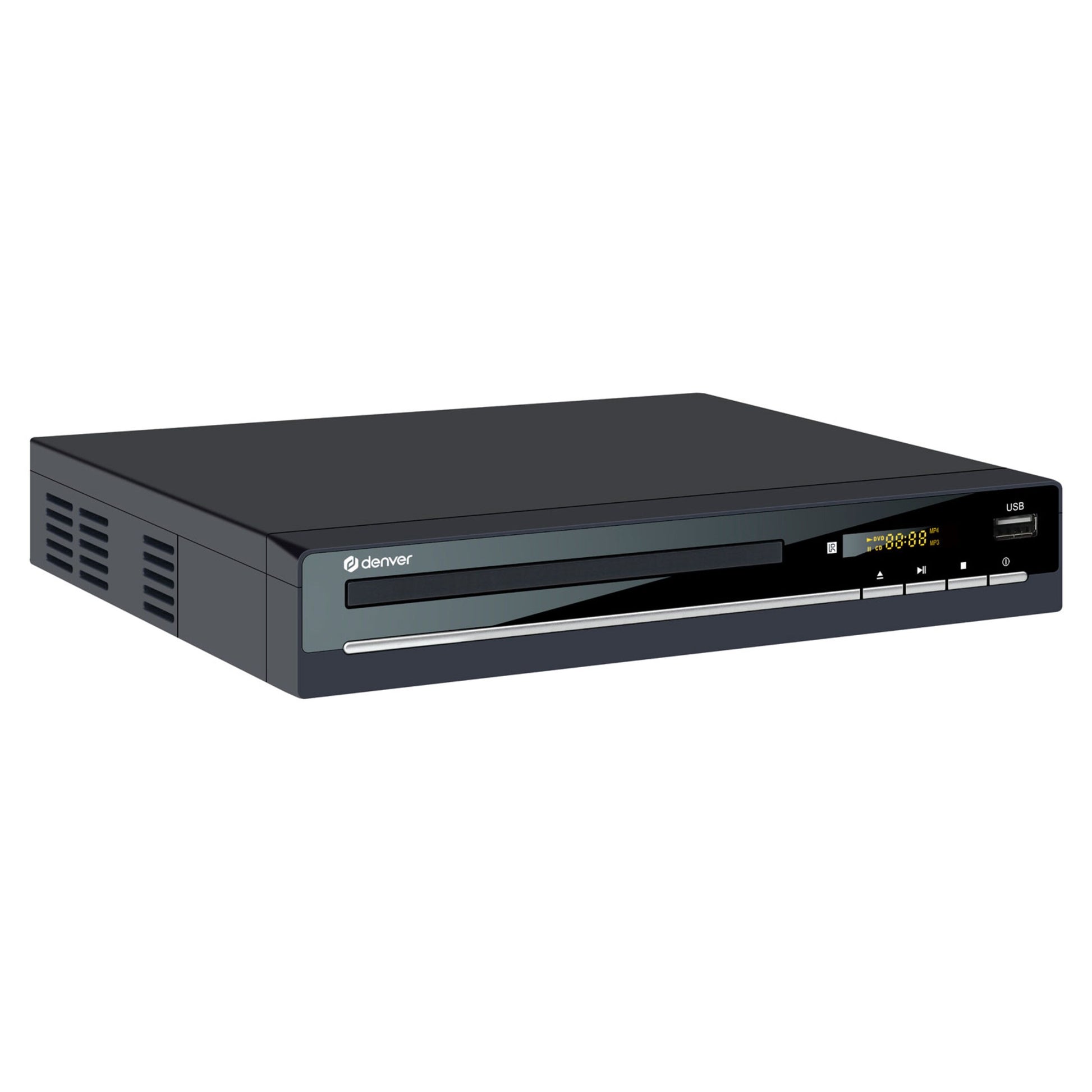 Denver DVH-7787 sort DVD-afspiller med front-loading disc tray, digitalt display, USB, HDMI og Scart, knapper i højre side.